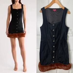 Staud Black Velvet Fur Trim Yin Yang Mini Dress 10